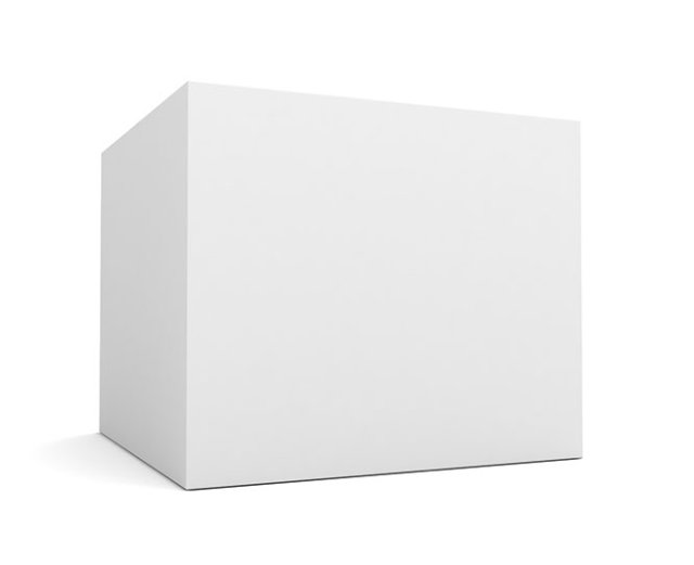 Pusty biały prostokątny karton mockup na białym tle, widok pod niewielkim kątem.