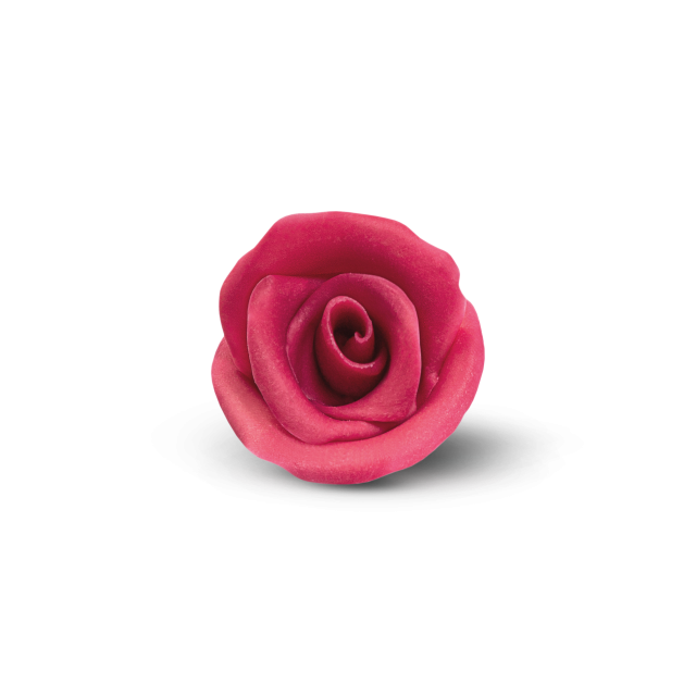 Pojedyncza ciemnoróżowa róża, prawdopodobnie z masy cukrowej lub gum paste, na białym tle.