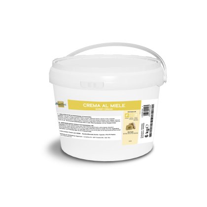 Białe plastikowe wiaderko 6 kg z uchwytem, etykieta "Crema al Miele", do profesjonalnych piekarni.